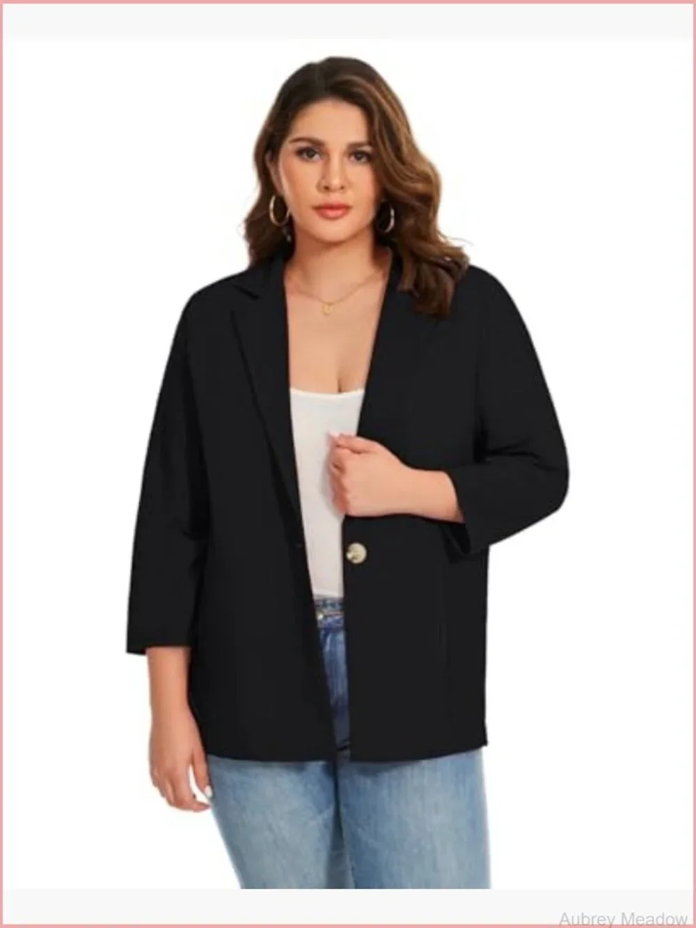 Plus Size Blazer with 3/4 Ruched Sleeves Notch Lapel Open Front Pockets